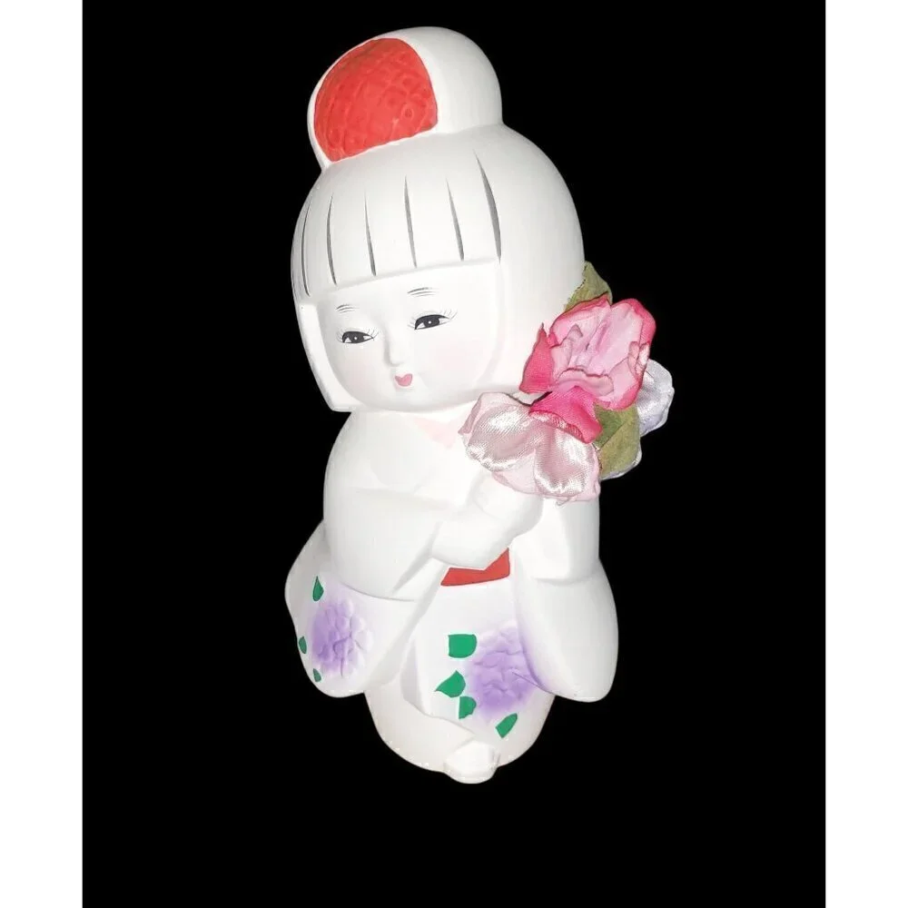 Vtg‎ Japanese Hakata Bisque Geisha Doll on Signed Wooden Base 7 3/4” T Ceramic